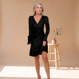 Women's Long Sleeve V-Neck Sequin Mini Dress – Relaxed Fit Sparkly Evening Dress