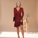 Women's Long Sleeve V-Neck Sequin Mini Dress – Relaxed Fit Sparkly Evening Dress