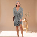 Women's Long Sleeve V-Neck Sequin Mini Dress – Relaxed Fit Sparkly Evening Dress