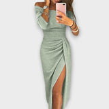 Women's Off-Shoulder Long Sleeve Ruched Bodycon Midi Dress with Slit – Cocktail Party Dress