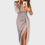 Women's Off-Shoulder Long Sleeve Ruched Bodycon Midi Dress with Slit – Cocktail Party Dress