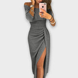 Women's Off-Shoulder Long Sleeve Ruched Bodycon Midi Dress with Slit – Cocktail Party Dress