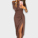 Women's Off-Shoulder Long Sleeve Ruched Bodycon Midi Dress with Slit – Cocktail Party Dress