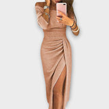 Women's Off-Shoulder Long Sleeve Ruched Bodycon Midi Dress with Slit – Cocktail Party Dress