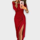 Women's Off-Shoulder Long Sleeve Ruched Bodycon Midi Dress with Slit – Cocktail Party Dress