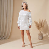 Women's Off-Shoulder Long Sleeve Sequin Mini Dress with Side Tie – Relaxed Party Dress