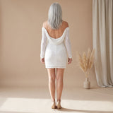 Women's Off-Shoulder Long Sleeve Sequin Mini Dress with Side Tie – Relaxed Party Dress