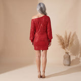 Women's Off-Shoulder Long Sleeve Sequin Mini Dress with Side Tie – Relaxed Party Dress