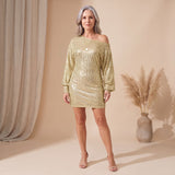 Women's Off-Shoulder Long Sleeve Sequin Mini Dress with Side Tie – Relaxed Party Dress