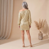 Women's Off-Shoulder Long Sleeve Sequin Mini Dress with Side Tie – Relaxed Party Dress
