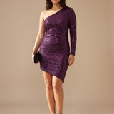 Women's One-Shoulder Sequin Bodycon Mini Dress with Single Long Sleeve – Party Dress