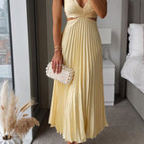 Women's Pleated V-Neck Maxi Dress with Waist Cut-Out – Flowing Cocktail & Wedding Guest Dress