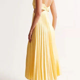 Women's Pleated V-Neck Maxi Dress with Waist Cut-Out – Flowing Cocktail & Wedding Guest Dress