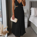 Women's Pleated V-Neck Maxi Dress with Waist Cut-Out – Flowing Cocktail & Wedding Guest Dress