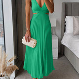 Women's Pleated V-Neck Maxi Dress with Waist Cut-Out – Flowing Cocktail & Wedding Guest Dress