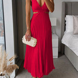 Women's Pleated V-Neck Maxi Dress with Waist Cut-Out – Flowing Cocktail & Wedding Guest Dress