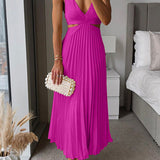 Women's Pleated V-Neck Maxi Dress with Waist Cut-Out – Flowing Cocktail & Wedding Guest Dress