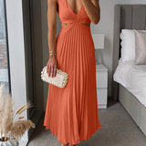 Women's Pleated V-Neck Maxi Dress with Waist Cut-Out – Flowing Cocktail & Wedding Guest Dress