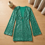 Women's Plunge Neck Sequin Mini Dress with Long Flared Sleeves – Ring Detail Party Dress