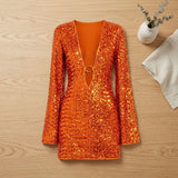 Women's Plunge Neck Sequin Mini Dress with Long Flared Sleeves – Ring Detail Party Dress