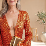 Women's Plunge Neck Sequin Mini Dress with Long Flared Sleeves – Ring Detail Party Dress