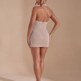 Women's Rhinestone Cowl Neck Halter Mini Dress with Open Back – Sparkly Christmas Party Dress