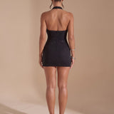 Women's Rhinestone Cowl Neck Halter Mini Dress with Open Back – Sparkly Christmas Party Dress