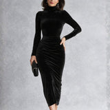 Women's Black Velvet Turtleneck Midi Dress with Ruching – Long Sleeve Winter Cocktail Dress