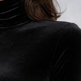 Women's Black Velvet Turtleneck Midi Dress with Ruching – Long Sleeve Winter Cocktail Dress