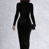 Women's Black Velvet Turtleneck Midi Dress with Ruching – Long Sleeve Winter Cocktail Dress