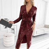 Women's Sequin Twist-Front Midi Dress with Deep V-Neck and Slit – Long Sleeve Cocktail Dress