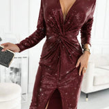 Women's Sequin Twist-Front Midi Dress with Deep V-Neck and Slit – Long Sleeve Cocktail Dress