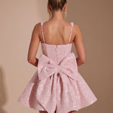 Women's Sequin Fit and Flare Mini Dress with Bow – Wide Strap Christmas Party Dress