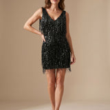 Women's Sleeveless Sequin Fringe Mini Dress with V-Neck – Fitted Christmas Party Dress