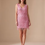 Women's Sleeveless Sequin Fringe Mini Dress with V-Neck – Fitted Christmas Party Dress