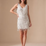 Women's Sleeveless Sequin Fringe Mini Dress with V-Neck – Fitted Christmas Party Dress