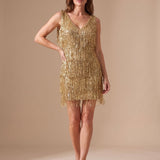 Women's Sleeveless Sequin Fringe Mini Dress with V-Neck – Fitted Christmas Party Dress