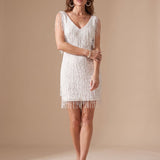 Women's Sleeveless Sequin Fringe Mini Dress with V-Neck – Fitted Christmas Party Dress