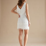Women's Sleeveless Sequin Fringe Mini Dress with V-Neck – Fitted Christmas Party Dress