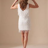 Women's Sleeveless Sequin Fringe Mini Dress with V-Neck – Fitted Christmas Party Dress