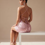 Women's Sequin Halter Bodycon Mini Dress with Deep V-Neck and Open Back – Party Dress