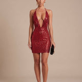 Women's Sequin Halter Bodycon Mini Dress with Deep V-Neck and Open Back – Party Dress