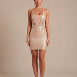 Women's Sequin Halter Bodycon Mini Dress with Deep V-Neck and Open Back – Party Dress