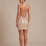 Women's Sequin Halter Bodycon Mini Dress with Deep V-Neck and Open Back – Party Dress