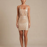 Women's Sequin Halter Bodycon Mini Dress with Deep V-Neck and Open Back – Party Dress
