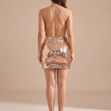 Women's Gold Sequin Halter Neck Bodycon Mini Dress – Christmas & New Year's Eve Party Dress