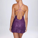 Women's Sequin High Neck Mini Dress with Open Back Cut-Out – Halter Cocktail Party Dress