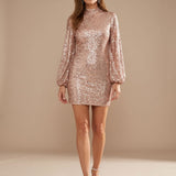 Women's Sequin High Neck Bodycon Mini Dress with Long Puff Sleeves – Christmas Party Dress