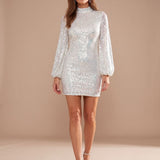 Women's Sequin High Neck Bodycon Mini Dress with Long Puff Sleeves – Christmas Party Dress