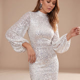Women's Sequin High Neck Bodycon Mini Dress with Long Puff Sleeves – Christmas Party Dress